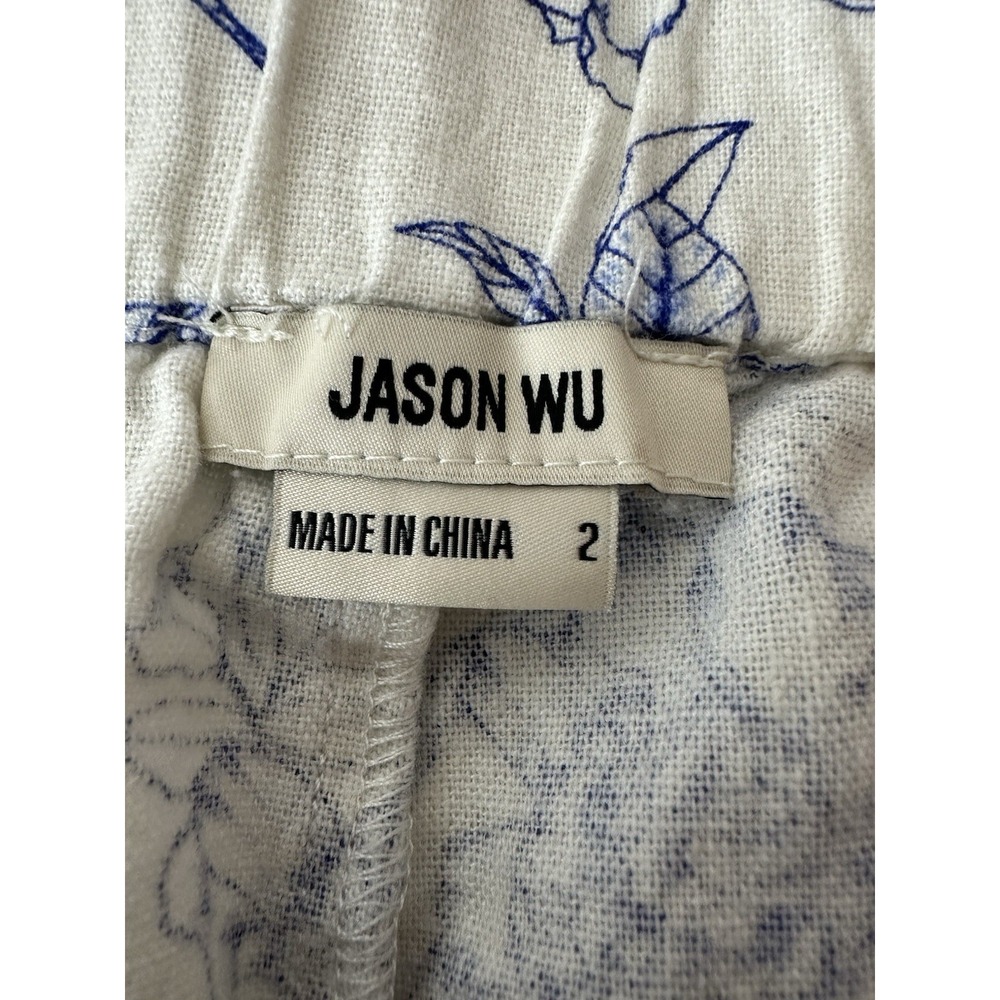 Jason Wu Wide Leg Pants Womens Size 2 Vienna Porcelain Print Linen Blend‎ Blue - Picture 3 of 8